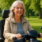 Scootmobielspecialist Fast & Furious scooters toont een comfortabele scootmobiel in gebruik door een 60-jarige vrouw voor optimale mobiliteit en onafhankelijkheid.